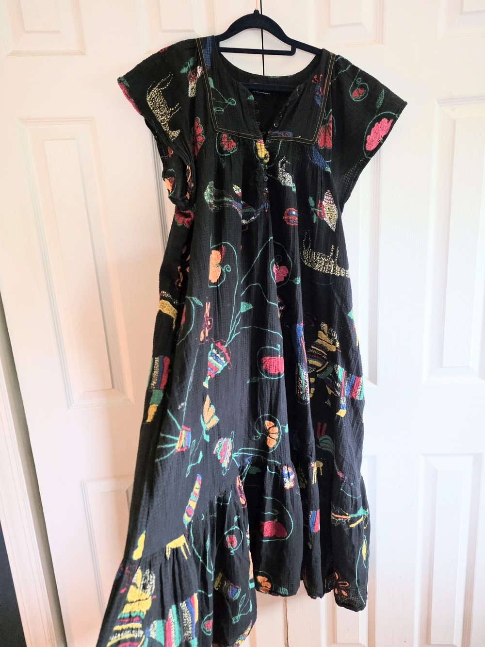 Woman's Black Embroidered Cotton Dress with Colorful Accents